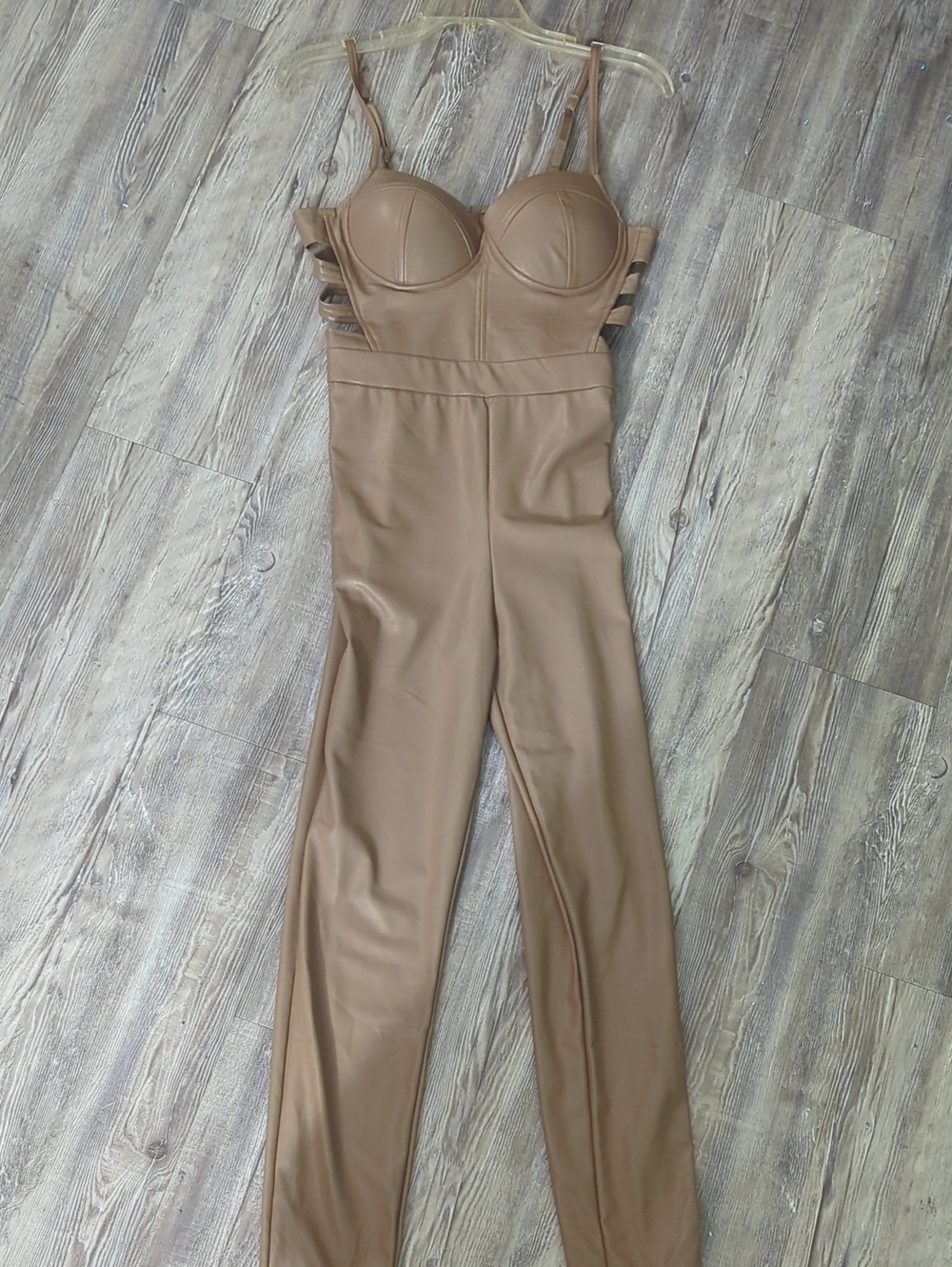 Haute Monde Tan Faux-Leather Strappy Jumpsuit